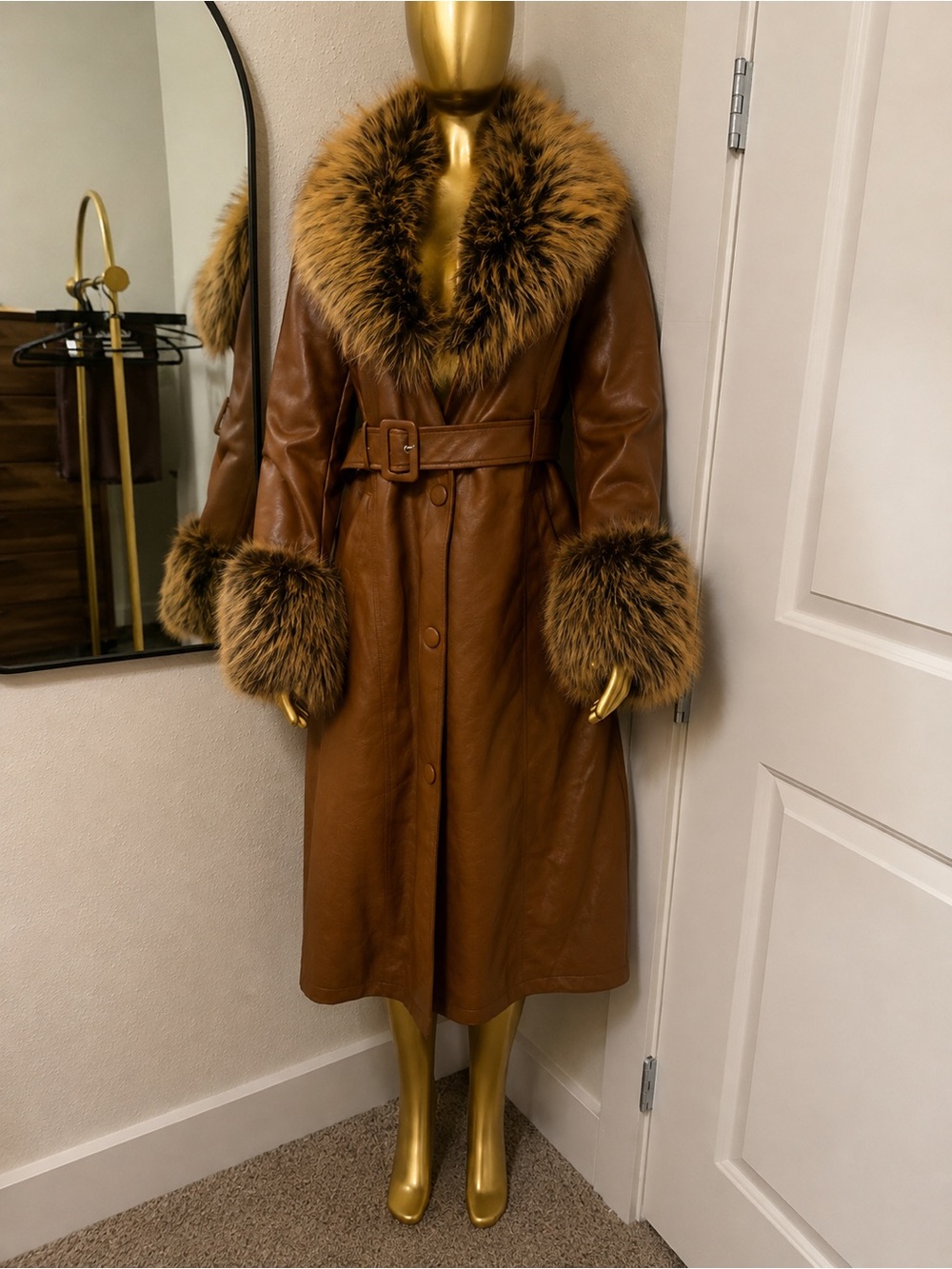 NWT AKIRA Brown Faux Leather Faux Fur Belted Maxi Coat